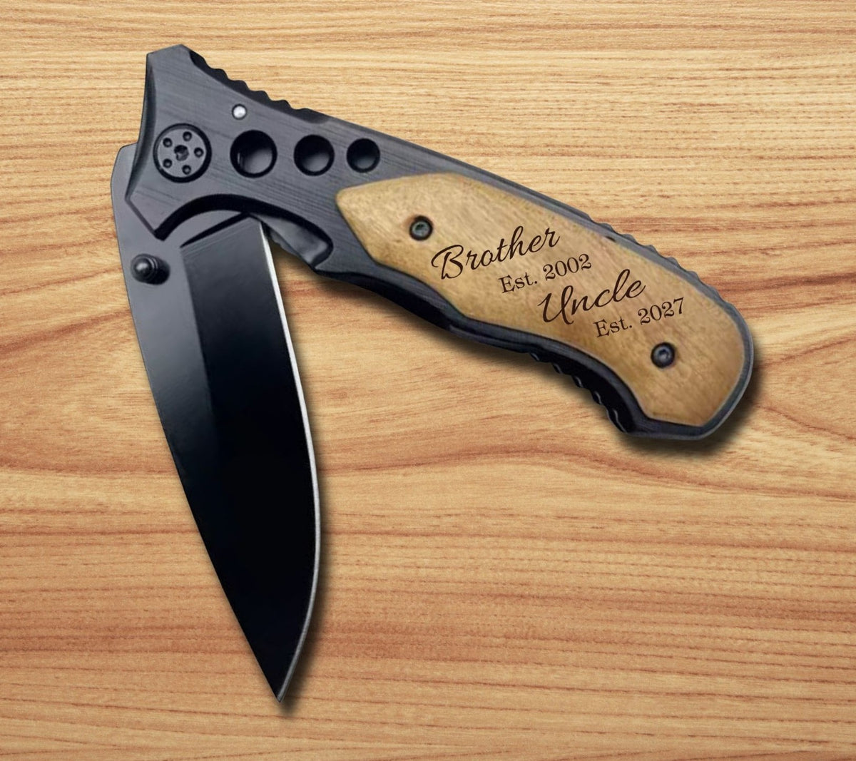 Personalized engraved folding pocket knife with wooden handle. uncle pregnancy announcement gift for brother