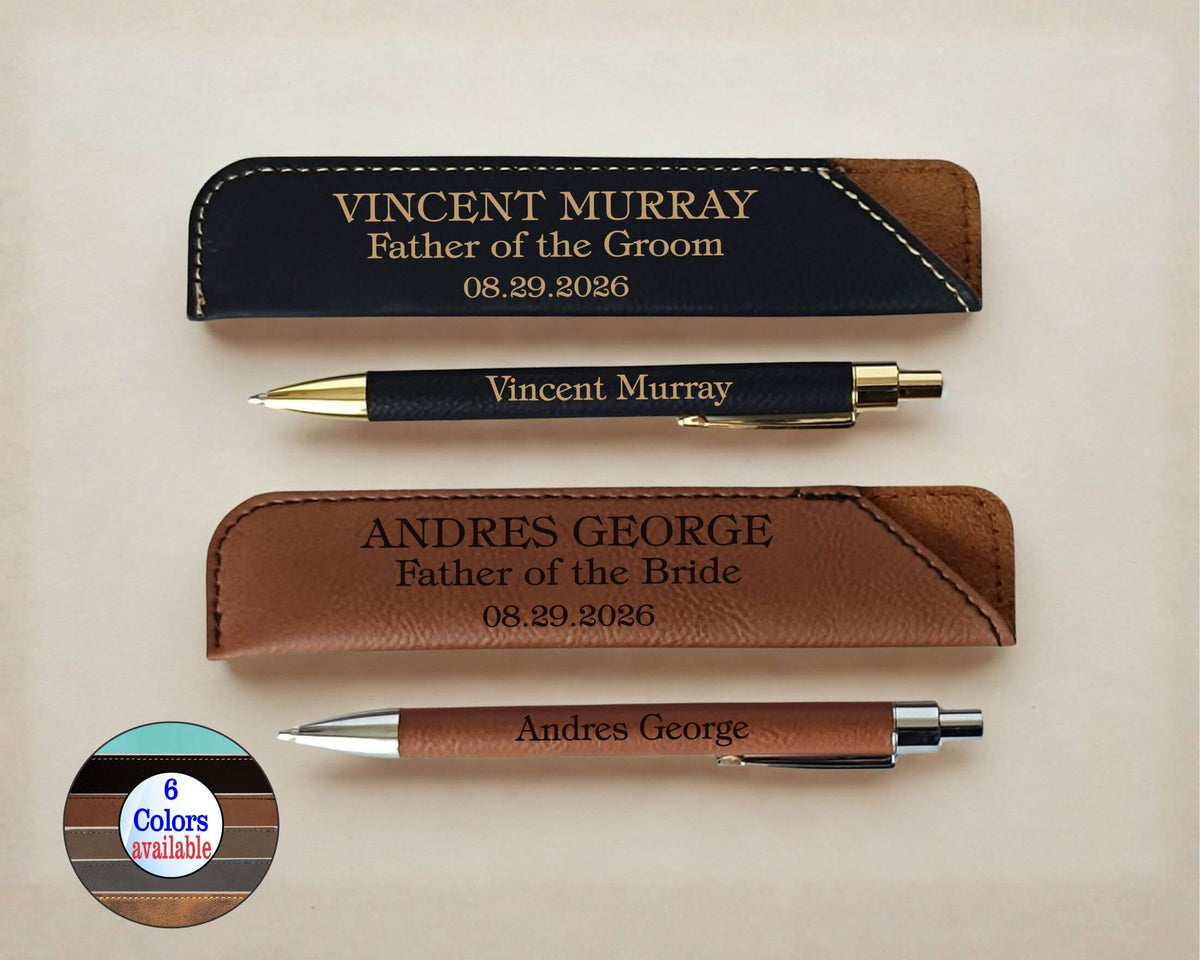 Two personalized leather pen cases and matching pens on a light beige background. The top set is black with gold trim and gold lettering, and the bottom set is brown with silver trim and silver lettering.