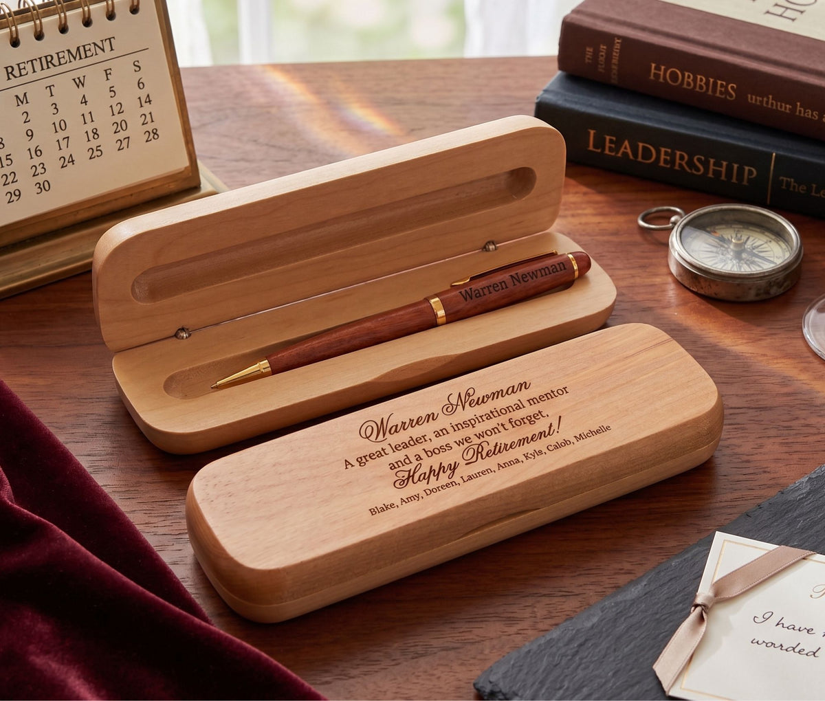 A personalized wooden keepsake box set shown open and closed on a wooden desk, with a engraved pen inside the lid. The scene includes a calendar, books, a compass, and a card, creating a styled desk environment.
