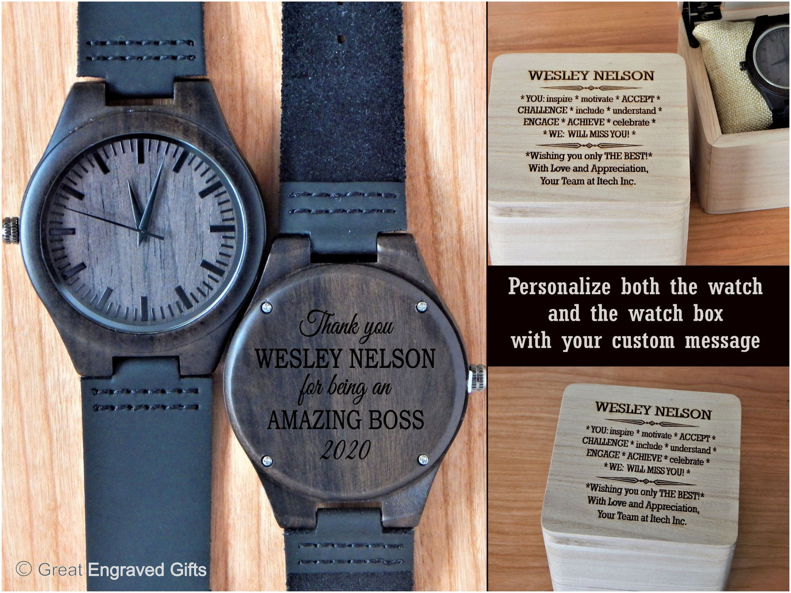 Personalized Wood Watch Engraved Boss Leaving Gift