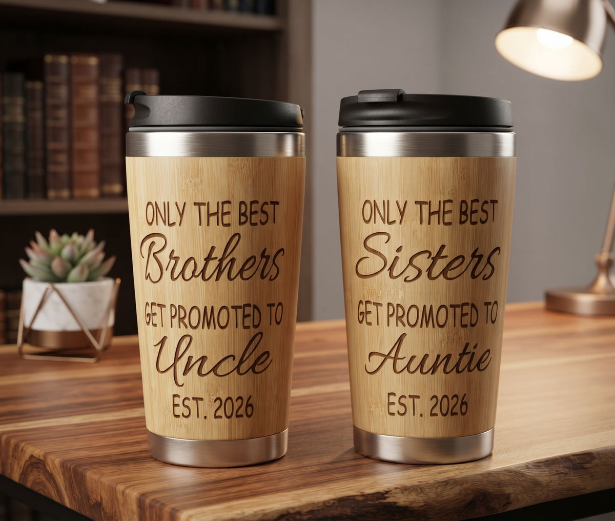 Two engraved stainless steel travel mugs with bamboo text, one for 'Brothers' and one for 'Sisters', placed on a wooden surface.