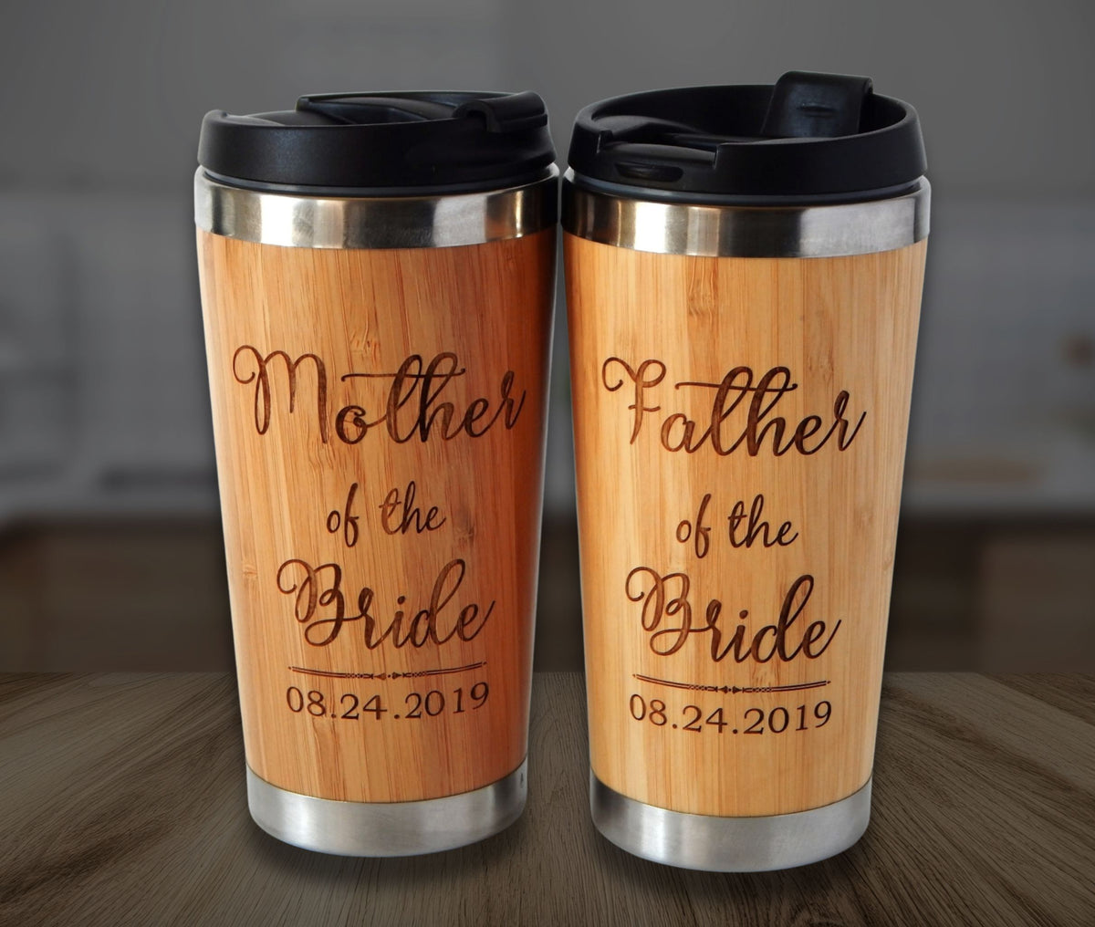 Personalized engraved bamboo tumbler mug wedding gift for father and mother of the bride