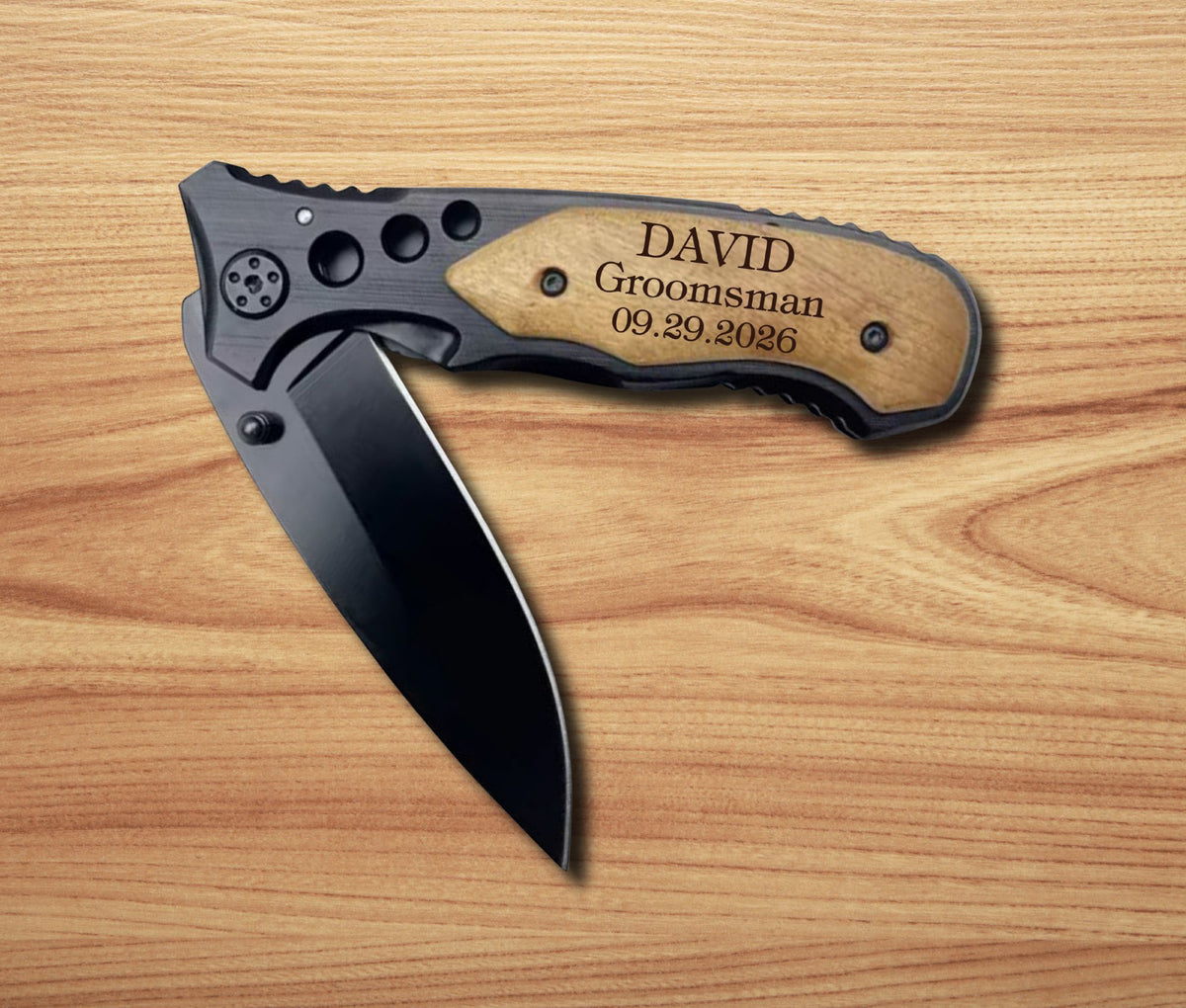 Personalized engraved black folding pocket knife