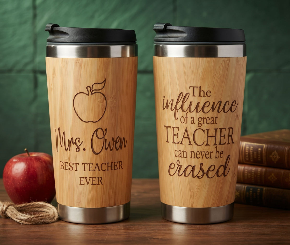 Two personalized bamboo travel tumblers with black lids on a wooden table, featuring engraved teacher-themed quotes and an apple illustration, with a red apple and books as props against a green brick wall.