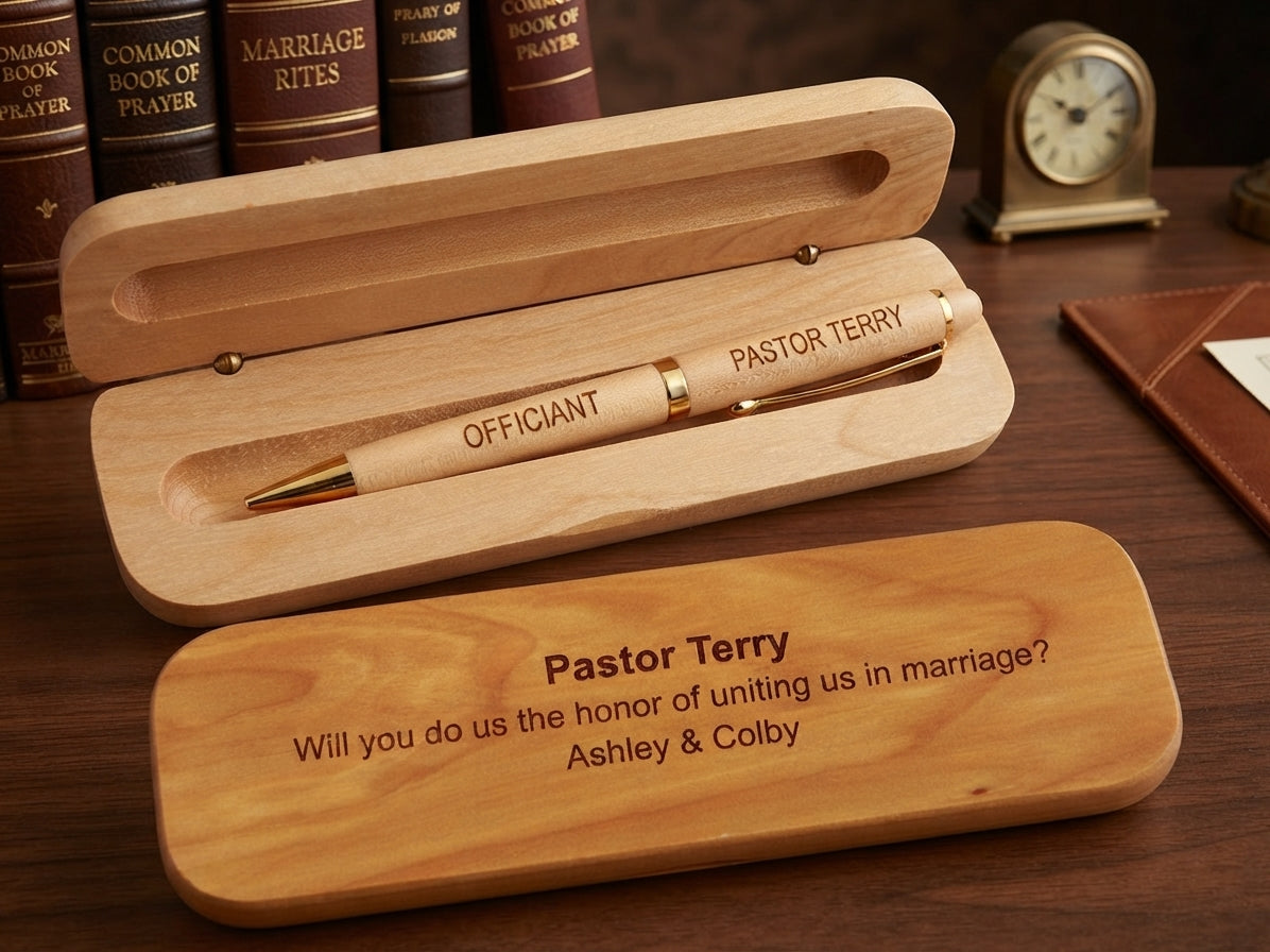 Personalized wooden wedding keepsake box set with an engraved gold pen. The open box reveals a gold pen engraved with 'OFFICIANT' and 'PASTOR TERRY', while the closed lid in front is personalized with the names 'Pastor Terry' and 'Ashley &amp; Colby'.
