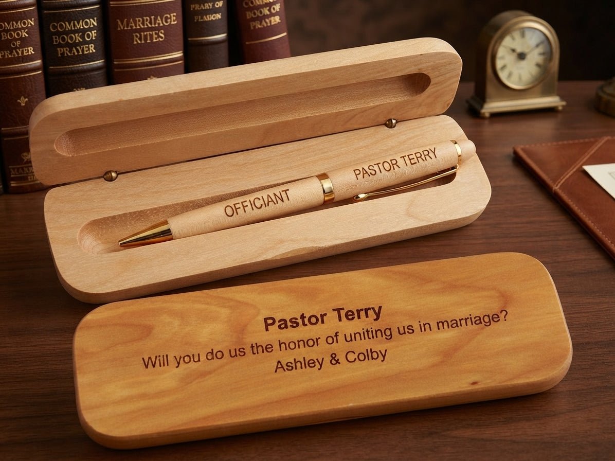 Personalized wooden wedding keepsake box set with an engraved gold pen. The open box reveals a gold pen engraved with 'OFFICIANT' and 'PASTOR TERRY', while the closed lid in front is personalized with the names 'Pastor Terry' and 'Ashley &amp; Colby'.