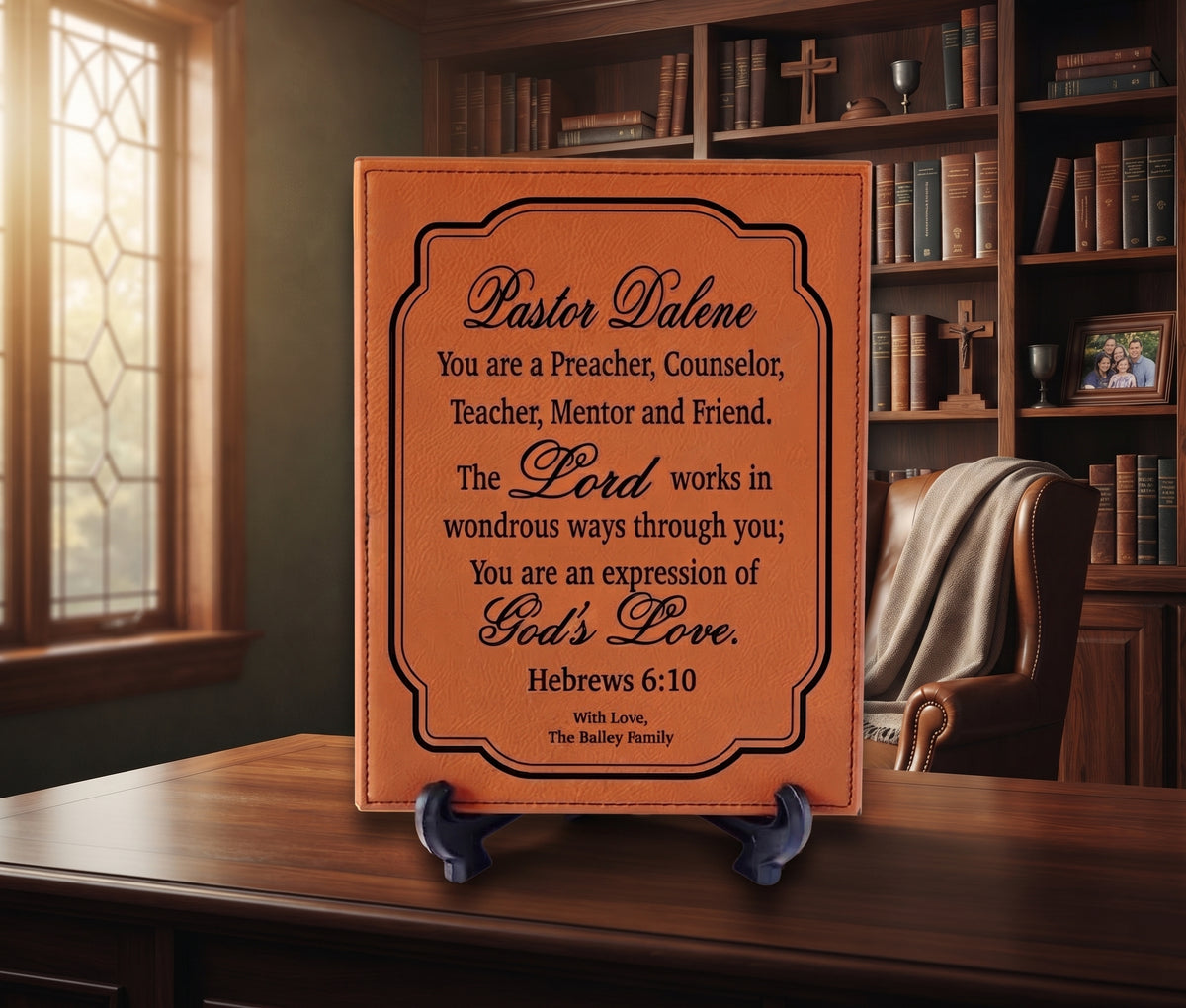 Personalized brown faux-leather Bible plaque on a small black stand, placed on a wooden desk in a warm, book-filled study. The plaque features black text reading 'Pastor Valene' followed by a scripture from Hebrews 6:10.