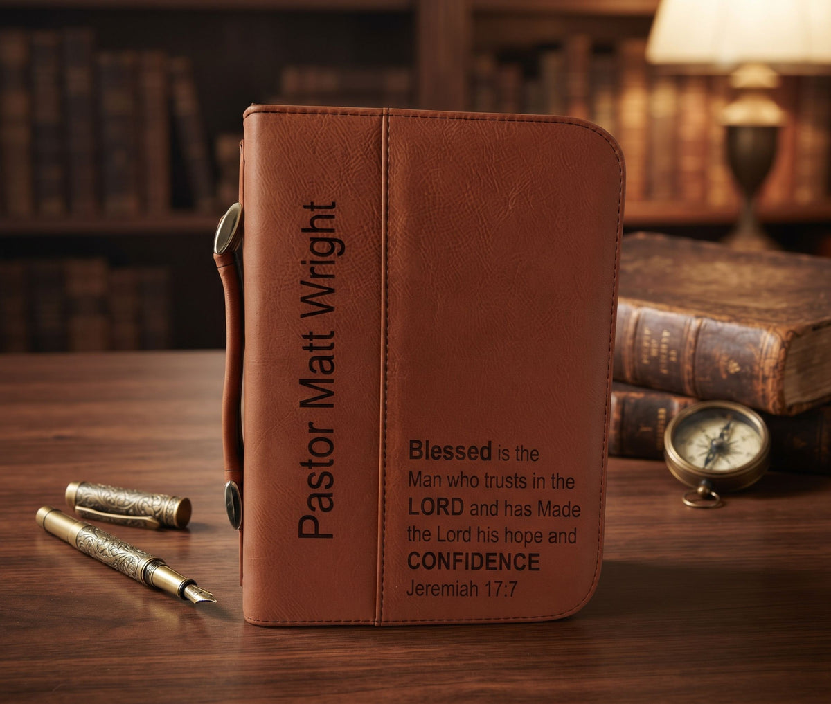 A personalized brown leather Bible cover or journal standing upright on a wooden table, with engraved text reading 'Pastor Matt Wright' and a scripture quote. Decorative pens, stacked books, and a lamp are blurred in the background.
