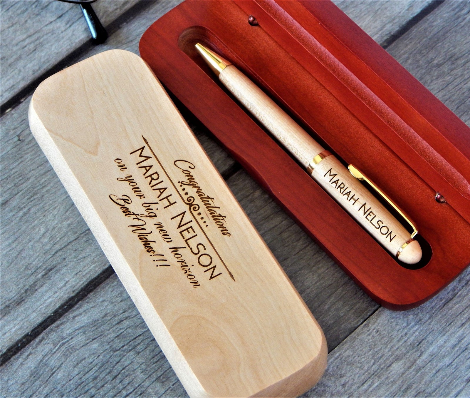 Personalized engraved wooden pen and case new job gift for boss or coworker.