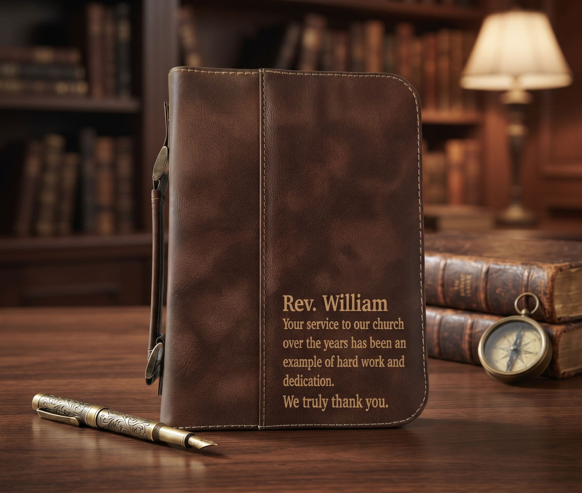 A brown leather Bible cover standing on a wooden table, engraved with the name 'Rev. William' and a thank you message.