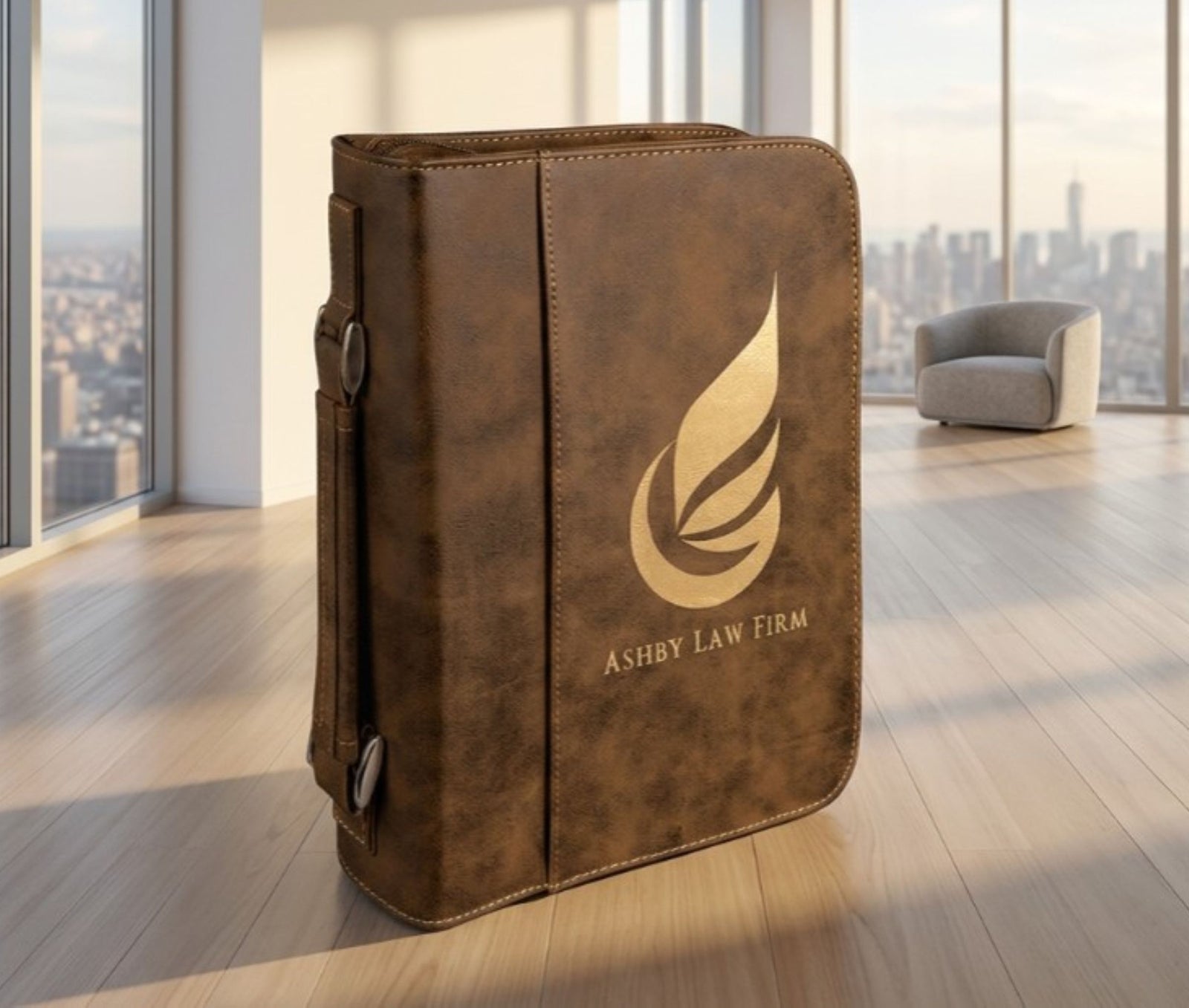 A brown faux-leather portfolio folder for Ashby Law Firm stands open on a light wood floor in a modern office setting with large windows and a city skyline view.